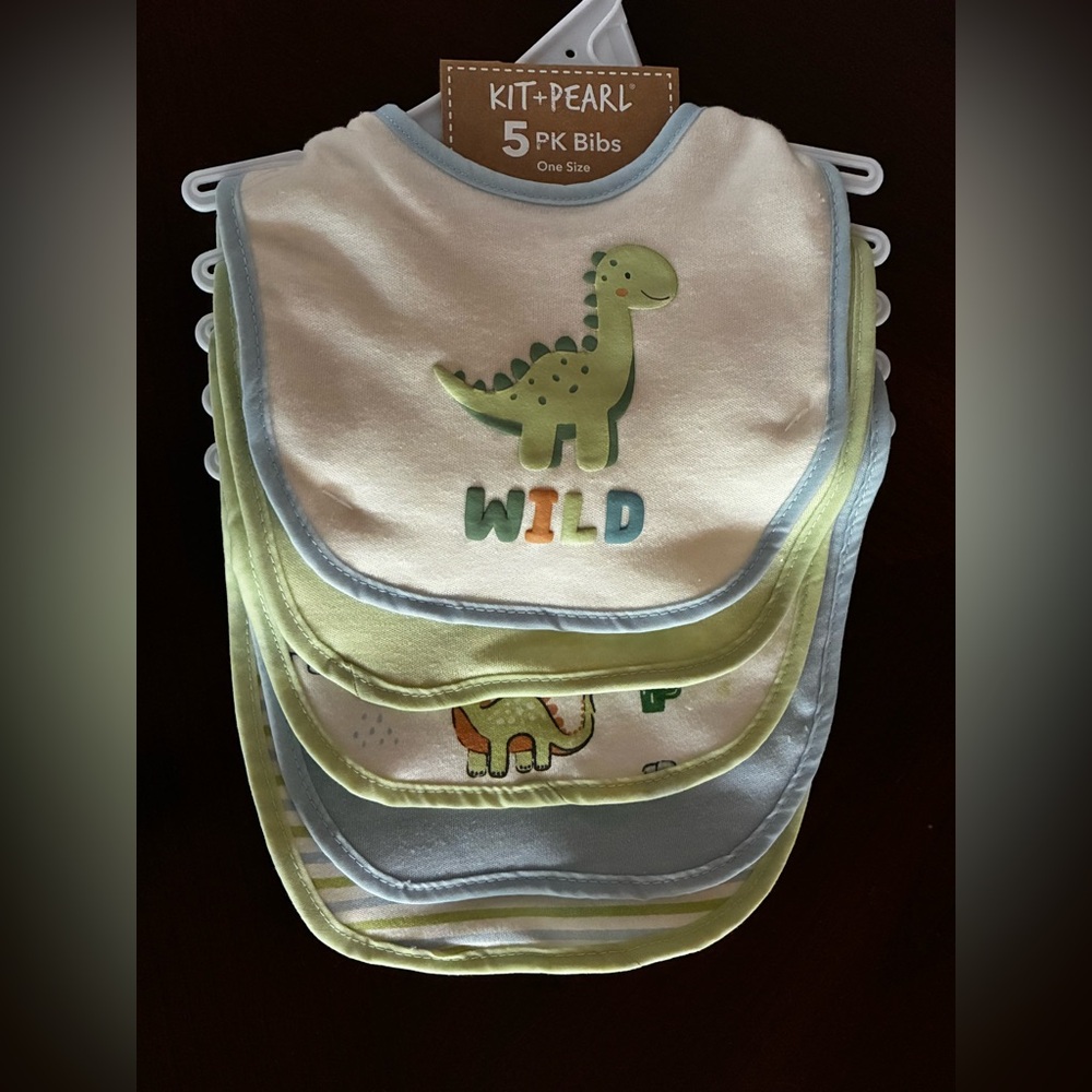 Kit & Pearl Dinosaur Baby Bibs Set - White, Green, Blue 5 pk Baby Bibs